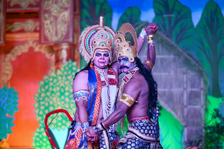 NOIDA, INDIA - OCTOBER 10: Artists performing Lanka Dahan scene during a Ramlila last night at...