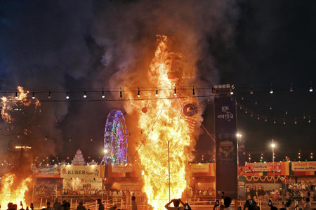 NEW DELHI, INDIA - OCTOBER 12: Effigy of Ravana burns during Dushara celebration at Shree Dharmik Leela Committee at Lal Quila, on October 12, 2024 in New Delhi, India. Dussehra, also known as Vijayadashami, is one of the most celebrated Hindu festivals iのeditorial素材