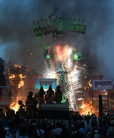 NEW DELHI, INDIA - OCTOBER 12: Effigies of Ravana along with Kumbhkaran and Meghnath burning during...