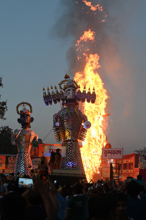 NEW DELHI, INDIA - OCTOBER 12: Effigies of Ravana along with Kumbhkaran and Meghnath burning during...