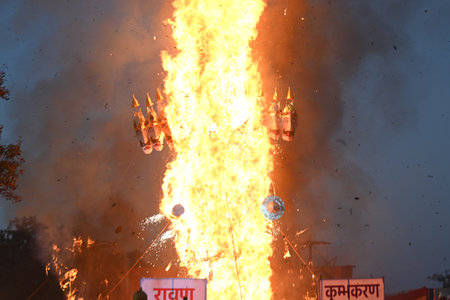 NEW DELHI, INDIA - OCTOBER 12: Effigies of Ravana along with Kumbhkaran and Meghnath burning during...