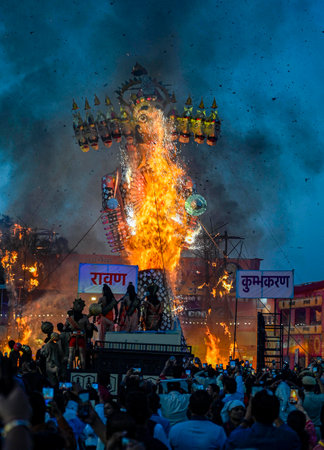 NEW DELHI, INDIA - OCTOBER 12: An effigy of demon king Ravana goes up in flames marking the end of Dussehra festival at Shri Dharmik Leela Committee, Red Fort, on October 12, 2024 in New Delhi, India. Dussehra, also known as Vijayadashami, is one of the mのeditorial素材