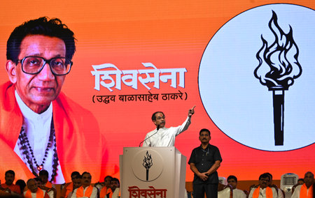 MUMBAI, INDIA - OCTOBER 12: Uddhav Thackeray, the chief of Shiv Sena (UBT), addresses party workers...
