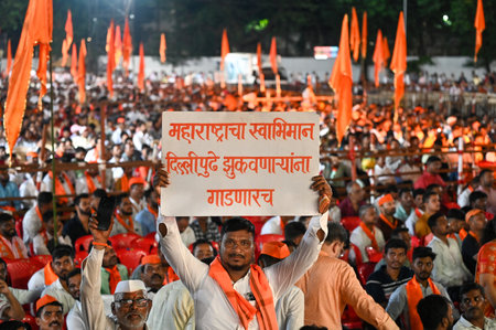 MUMBAI, INDIA - OCTOBER 12: Yuva Sena (UBT) party workers during the Dussehra rally at Shivaji Park, Dadar, on October 12, 2024 in Mumbai, India. Ahead of the Assembly polls, Shiv Sena UBT chief Uddhav Thackeray criticized the BJP and RSS during his partyのeditorial素材
