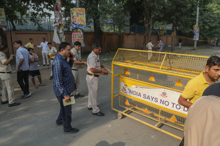 NEW DELHI, INDIA - OCTOBER 20: Bomb Squad, FSL and Delhi Police investigating the spot after a blast near CRPF School in Prashant Vihar, on October 20, 2024 in New Delhi, India. A major explosion rocked the Prashant Vihar area near Rohini on Sunday morninのeditorial素材
