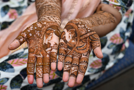 NOIDA, INDIA - OCTOBER 19: Women get their hands decorated with henna ahead of the upcoming Hindu festival of Karve Chauth. Karve Chauth is a one-day festival celebrated by Hindu women four days after Purnima in the month of Kartika, on October 19, 2024 iのeditorial素材