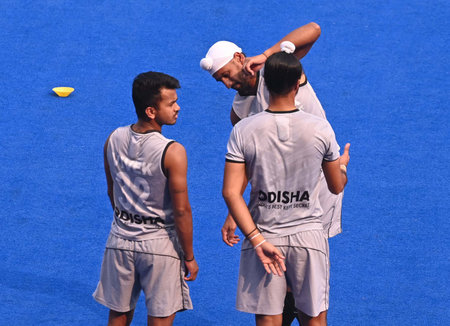 NEW DELHI, INDIA - OCTOBER 22: Indian Hockey Men's team during a warm up session at Dhyanchand Stadium ahead of 1st game of the PFC India vs Germany Bilateral Hockey Series 2024 on October 22, 2024 in New Delhi, India. (Photo by Vipin Kumar/Hindustan Timeのeditorial素材