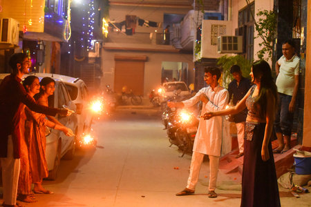 GURUGRAM, INDIA - OCTOBER 31: People bursting firecrackers on the occasion of Diwali festival of lights in Om Nagar sector-11 near Mini Secretariat, on October 31, 2024 in Gurugram, India. (Photo by Parveen Kumar/Hindustan Times )のeditorial素材