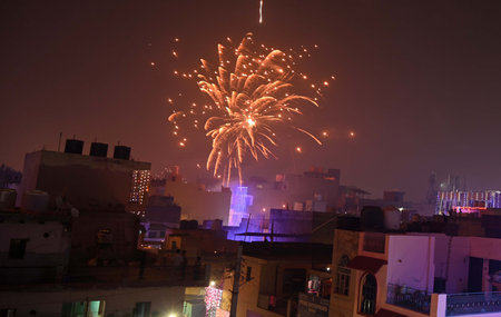 GURUGRAM, INDIA - OCTOBER 31: People bursting firecrackers on the occasion of Diwali festival of lights in Om Nagar sector-11 near Mini Secretariat, on October 31, 2024 in Gurugram, India. (Photo by Parveen Kumar/Hindustan Times )のeditorial素材