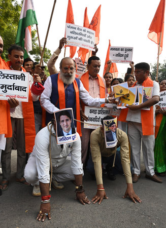 NEW DELHI INDIA NOVEMBER 5 2024 Activists of United Hindu Front and Rashtrawadi Shiv Sena protest...