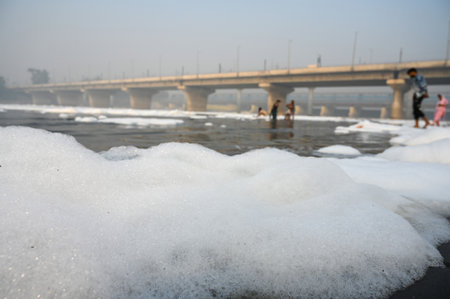 NOIDA INDIA NOVEMBER 5 2024 Devotees perform Puja in the polluted Yamuna River on the first day of Chhath Puja on November 5 2024 in Noida India The four day festival of Chhath Puja began with the traditional Nahai Khay ceremony on Tuesday in various partのeditorial素材
