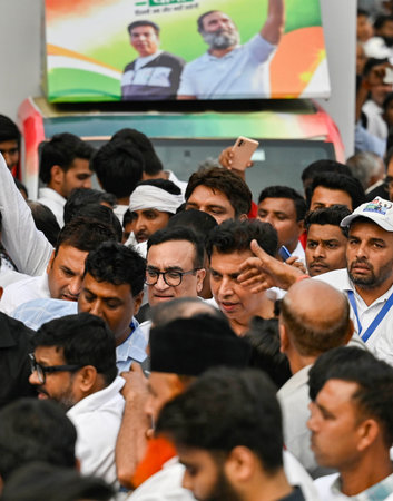 NEW DELHI INDIA NOVEMBER 8 2024 Delhi Pradesh Congress Committee President Devender Yadav along with AICC Treasurer Ajay Maken during the flag off the month long Delhi Pradesh Congress Commitee Nyay Yatra from Rajghat on November 8 2024 in New Delhi Indiaのeditorial素材
