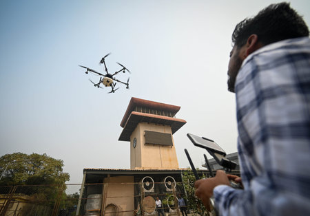 NEW DELHI INDIA NOVEMBER 8 2024 A Mist Spraying drone demonstrating its capabilities to curb down...