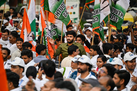 NEW DELHI INDIA NOVEMBER 8 2024 Delhi Pradesh Congress workers during the flag off the month long Delhi Pradesh Congress Commitee Nyay Yatra from Rajghat on November 8 2024 in New Delhi India Photo by Raj K Raj Hindustan  Timesのeditorial素材