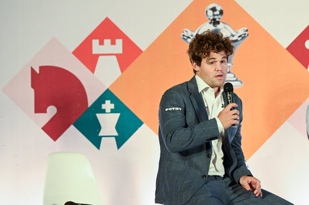 KOLKATA INDIA NOVEMBER 12 2024 Five time world chess champion Magnus Carlsen during inauguration of 6th TATA Steel Chess India tournament at Taj Bengal on November 12 2024 in Kolkata India Photo by Samir Jana Hindustan Timesのeditorial素材