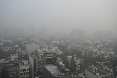 GURUGRAM, INDIA - NOVEMBER 17: A thick layer of smog seen engulfed amid rise in pollution levels at DLF phase-2 near cyber city, on November 17, 2024 in Gurugram, India. (Photo by Parveen Kumar/Hindustan Times )のeditorial素材