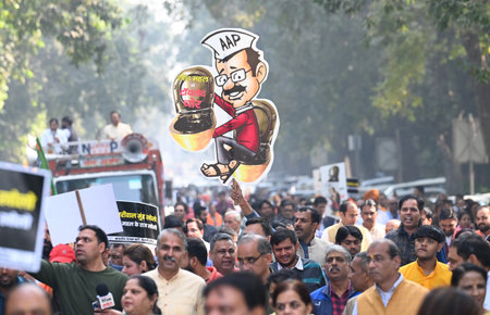 NEW DELHI INDIA NOVEMBER 21 2024 Delhi BJP President Virendra Sachdeva lead protest march accompanied by Delhi MPs and Kailash Gahlot Demanding Reply on Sheeshmahal Scam From Arvind Kejriwal at 5 Ferozshah Road residence of AAP leader Arvind Kejriwal on Nのeditorial素材