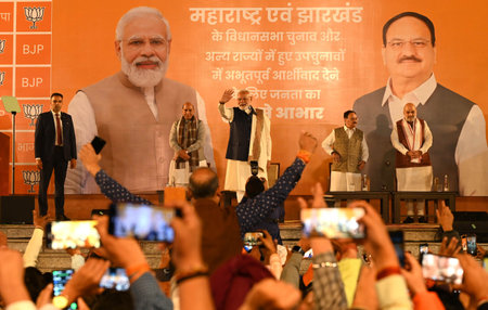 NEW DELHI INDIA NOVEMBER 23: Prime Minister Narendra Modi with Union Ministers and senior BJP leaders Rajnath Singh Amit Shah and Union Minister and party National President JP Nadda during celebration of the partyâs victory in the Maharashtra Assembly のeditorial素材