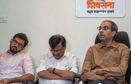 MUMBAI INDIA NOVEMBER 23: Shiv Sena UBT president Uddhav Thackeray addresses a press conference...