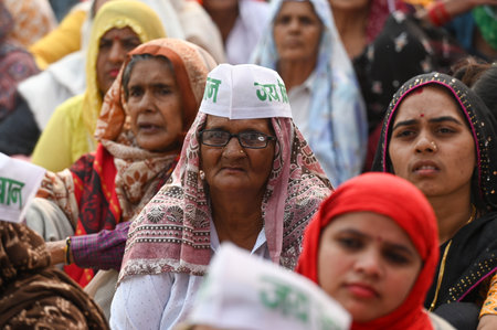 GREATER NOIDA, INDIA - NOVEMBER 25: Around 15,000 farmers of the Samyukta Kisan Morcha (SKM) gathered outside the Greater Noida Authority office on Monday and demonstrated their strength against the non-resolution of grievances related to land acquisitionのeditorial素材