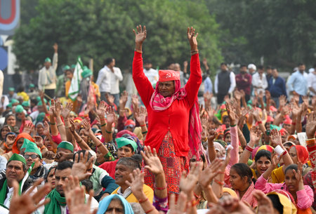 GREATER NOIDA, INDIA - NOVEMBER 25: Around 15,000 farmers of the Samyukta Kisan Morcha (SKM) gathered outside the Greater Noida Authority office on Monday and demonstrated their strength against the non-resolution of grievances related to land acquisitionのeditorial素材