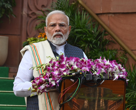 NEW DELHI, INDIA - NOVEMBER 25: Prime Minister Narendra Modi along with Parliamentary Affairs Ministers addressing media on the first day of the Third Session of the Eighteenth Lok Sabha, at Hans Dwar, Parliament House, on November 25, 2024 in New Delhi, のeditorial素材