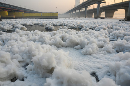 NEW DELHI INDIA NOVEMBER 27 2024 A view of Yamuna River which is covered with foam from the discharge of untreated industrial and domestic waste at Kalindi Kunj on November 27 2024 in New Delhi India Photo by Sunil Ghosh Hindustan Timesのeditorial素材