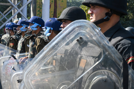 NOIDA INDIA DECEMBER 2 2024 Heavy police force deployed at Mahamaya flyover to stop farmers going to...
