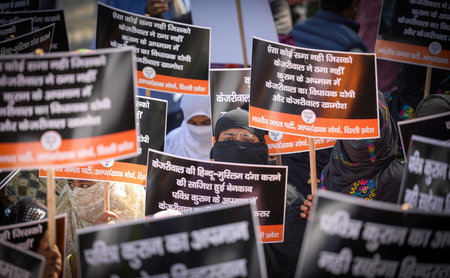 NEW DELHI INDIA DECEMBER 3 2024 Members of BJP Minority Morcha stage a protest against AAP MLA Naresh Yadav who was recently convicted in a 2016 case of desecration of the Quran at Ashoka Road on December 3 2024 in New Delhi India Photo by Raj K Raj Hinduのeditorial素材