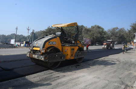 PRAYAGRAJ INDIA DECEMBER 10 2024 Ongoing work of making road at the Kumbh site ahead of the upcoming...