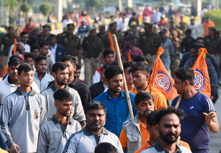 NOIDA, INDIA - DECEMBER 15: Members of Bajrang Dal taking out a procession from Ramlila Ground in Sector 21A, on December 15, 2024 in Noida, India. (Photo by Sunil Ghosh/Hindustan Times )のeditorial素材