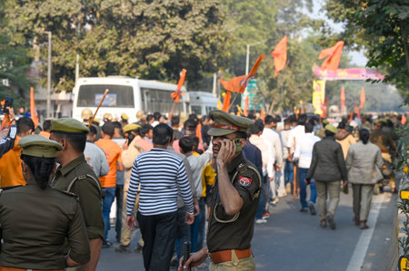 NOIDA, INDIA - DECEMBER 15: Members of Bajrang Dal taking out a procession from Ramlila Ground in Sector 21A, on December 15, 2024 in Noida, India. (Photo by Sunil Ghosh/Hindustan Times )のeditorial素材