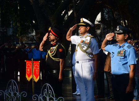 MUMBAI, INDIA - DECEMBER 16: Officers pay tribute at Shaheed Smarak on the occasion of the 53nd...