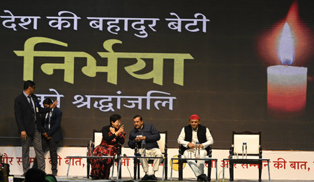 NEW DELHI, INDIA - DECEMBER 16: Delhi Chief Minister Atishi with AAP National Convener Arvind Kejriwal and Samajwadi Party President Akhilesh Yadav during the 'Mahila Adalat' (Womenâs Court) organised by AAP to address issues related to womenâs safetyのeditorial素材