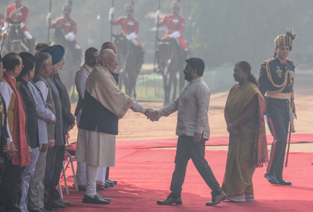 NEW DELHI INDIA DECEMBER 16 2024 Anura Kumara Dissanayake Sri Lankaâs president President Droupadi Murmu and Prime Minister Narendra Modi during a ceremonial reception at the presidential palace at Rashtrapati Bhavan on December 16 2024 in New Delhi Indのeditorial素材