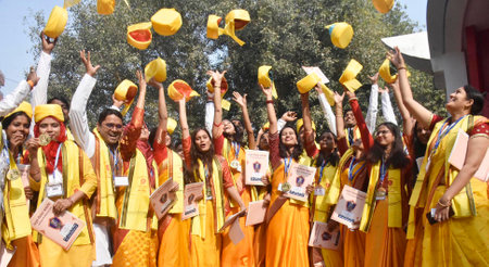 PATNA INDIA DECEMBER 16 2024 Students celebrating after 4th convocation of Patliputra University at S K Memorial hall on December 16 2024 in Patna India Photo by Santosh Kumar Hindustan Timesのeditorial素材