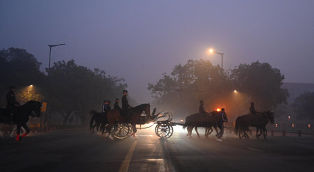 NEW DELHI, INDIA - DECEMBER 25: President Body Guard Contingent's rehearsals for Republic day Parade during heavy fog at Kartavya Path on December 25, 2024 in New Delhi, India. A cold wave has hit India, leaving several states grappling with extreme cold のeditorial素材