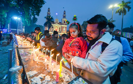 NEW DELHI, INDIA - DECEMBER 25: Devotees light candles at the Sacred Heart Cathedral Church on the Christmas Day celebrations on December 25, 2024 in New Delhi, India. (Photo by Raj K Raj/Hindustan Times )のeditorial素材