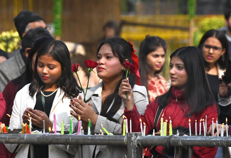 NEW DELHI, INDIA - DECEMBER 25: Devotees light candles at the Sacred Heart Cathedral Church on the occasion of Christmas, at Gole Dak Khana on December 25, 2024 in New Delhi, India. (Photo by Arvind Yadav/Hindustan Times )のeditorial素材