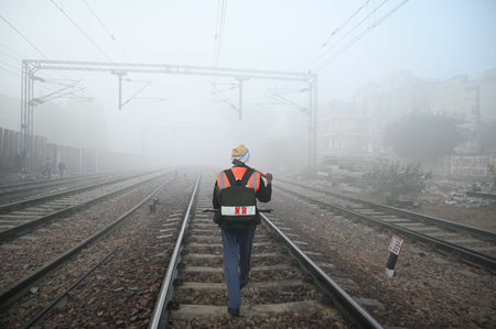 GURUGRAM, INDIA - DECEMBER 25: A railway track maintainer workers going to work amid dense fog weather at Gurugram Railway Station near Rajendra Park, on December 25, 2024 in Gurugram, India. A cold wave has hit India, leaving several states grappling witのeditorial素材