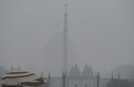 NEW DELHI, INDIA - DECEMBER 27: National flag flies at half-mast at the President house, as one-week state mourning is being observed in the country as a mark of respect to former Prime Minister Manmohan singh on December 27, 2024 in New Delhi, India. Forのeditorial素材