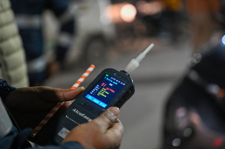 NOIDA, INDIA - DECEMBER 29: Gautam Buddh Nagar traffic police conducted a drive to check drunk driving cases and issued challans to drunk drivers in Sector 38A last night,Noida traffic police on Sunday issued a traffic diversion plan for New Year, on Deceのeditorial素材