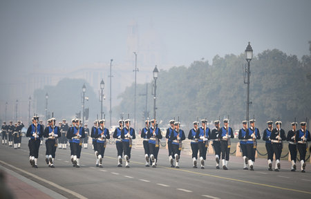NEW DELHI, INDIA - DECEMBER 26: Indian Navy personnel seen practicing during a cold weather for...