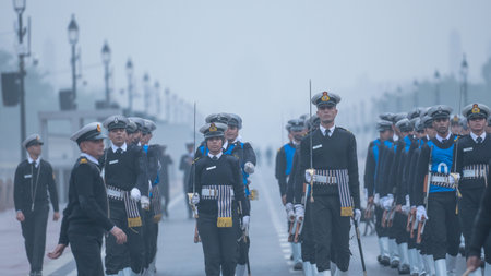 NEW DELHI, INDIA - DECEMBER 29: Indian Navy and Coast Guard Contingent's rehearsing for upcoming Republic day Parade during a cold weather at Kartavya Path on December 29, 2024 in New Delhi, India. North India is reeling under cold weather with temperaturのeditorial素材
