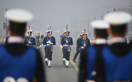 NEW DELHI, INDIA - DECEMBER 26: Indian Navy personnel seen practicing during a cold weather for...