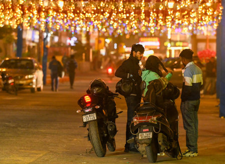 NOIDA, INDIA - DECEMBER 31: The Sector 18 market illuminated beautifully on Monday night in celebration of the upcoming New Year 2025, on December 31, 2024 in Noida, India. (Photo by Sunil Ghosh/Hindustan Times )のeditorial素材