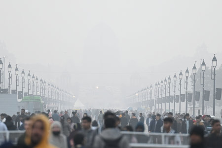 NEW DELHI, INDIA - DECEMBER 30: Tourists seen at Kartavya Path on a winter evening at India Gate, on December 30, 2024 in New Delhi, India. North India is reeling under cold weather with temperatures plummeting across several states. As per IMD, the minimのeditorial素材