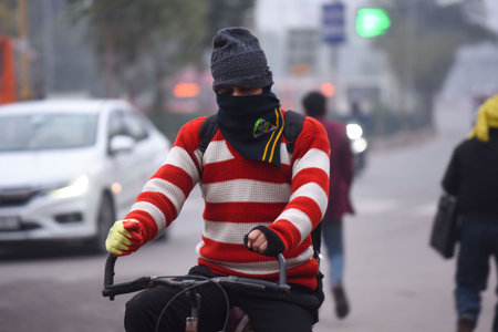 NEW DELHI, INDIA - DECEMBER 31: People are wearing warm clothes going to work place on a cold winter morning at Kapashera area of South West Delhi near Delhi-Gurugram Border, on December 31, 2024 in New Delhi, India. (Photo by Parveen Kumar/Hindustan Timeのeditorial素材