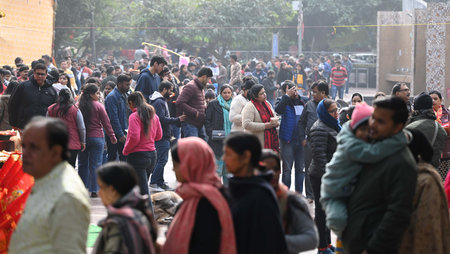 NEW DELHI, INDIA - JANUARY 1: Devotees wait to pay obeisance at the Hanuman Mandir on the first day...
