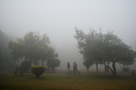GURUGRAM, INDIA - JANUARY 5: People seen exercising amid cold and foggy weather in Leisure Valley Park at sector-29 near Huda Market, on January 5, 2025 in Gurugram, India. A dense blanket of fog once again engulfed national capital Delhi on Saturday mornのeditorial素材